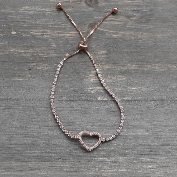 925 Sterling Silver Heart Bracelet Rose Gold Plated Adjustable Crystals Dainty - Picture 2 of 6